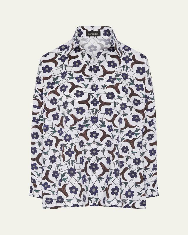 Cotton Buds Flowers Tile-Print Wide Longer-Back Shirt With Collar (Mid Plus Length)